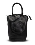 Black leather handbag with a logo on a white background