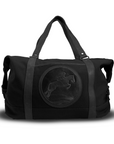 Black duffel bag with a logo on a white background