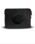 A black leather zippered pouch featuring a circular embossed logo of a leaping horse on the front, with a gold-tone zipper pull on the right side, set against a plain white background.