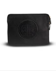 Black leather pouch with a circular logo on a white background