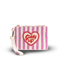 Small striped pouch with a heart design and text on a white background