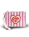 Small striped pouch with a heart design and text on a white background