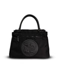 Black handbag with a circular logo on a white background
