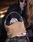 Tucker Tweed Equestrian Leather Handbags Bethany Bit Bag Suede- Limited Edition Milk Chocolate