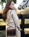 Tucker Tweed Equestrian Leather Handbags Wellington Wristlet Dark Chocolate Fringe LIMITED EDITION
