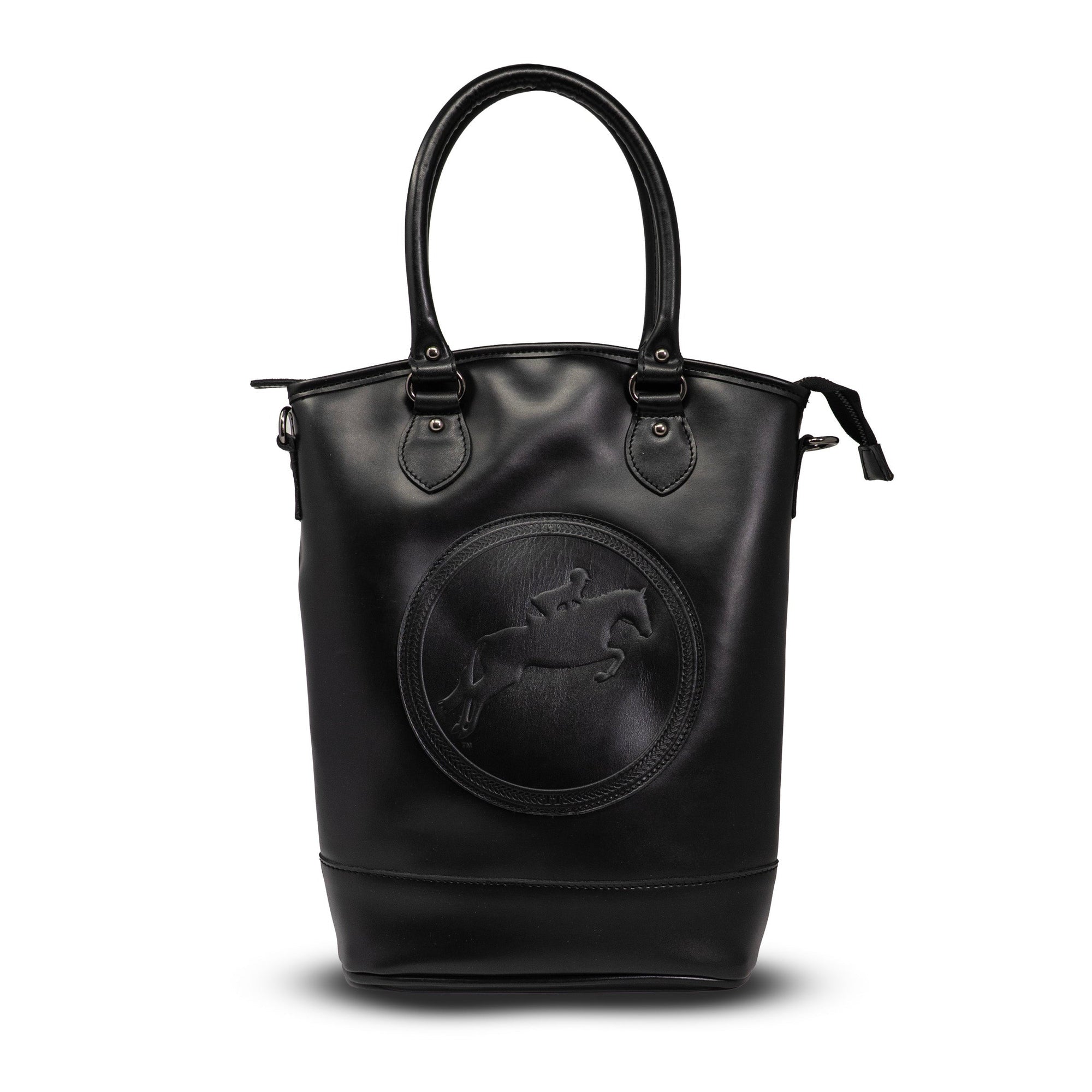 Black leather handbag with a logo on a white background