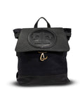 Black backpack with a logo on a white background