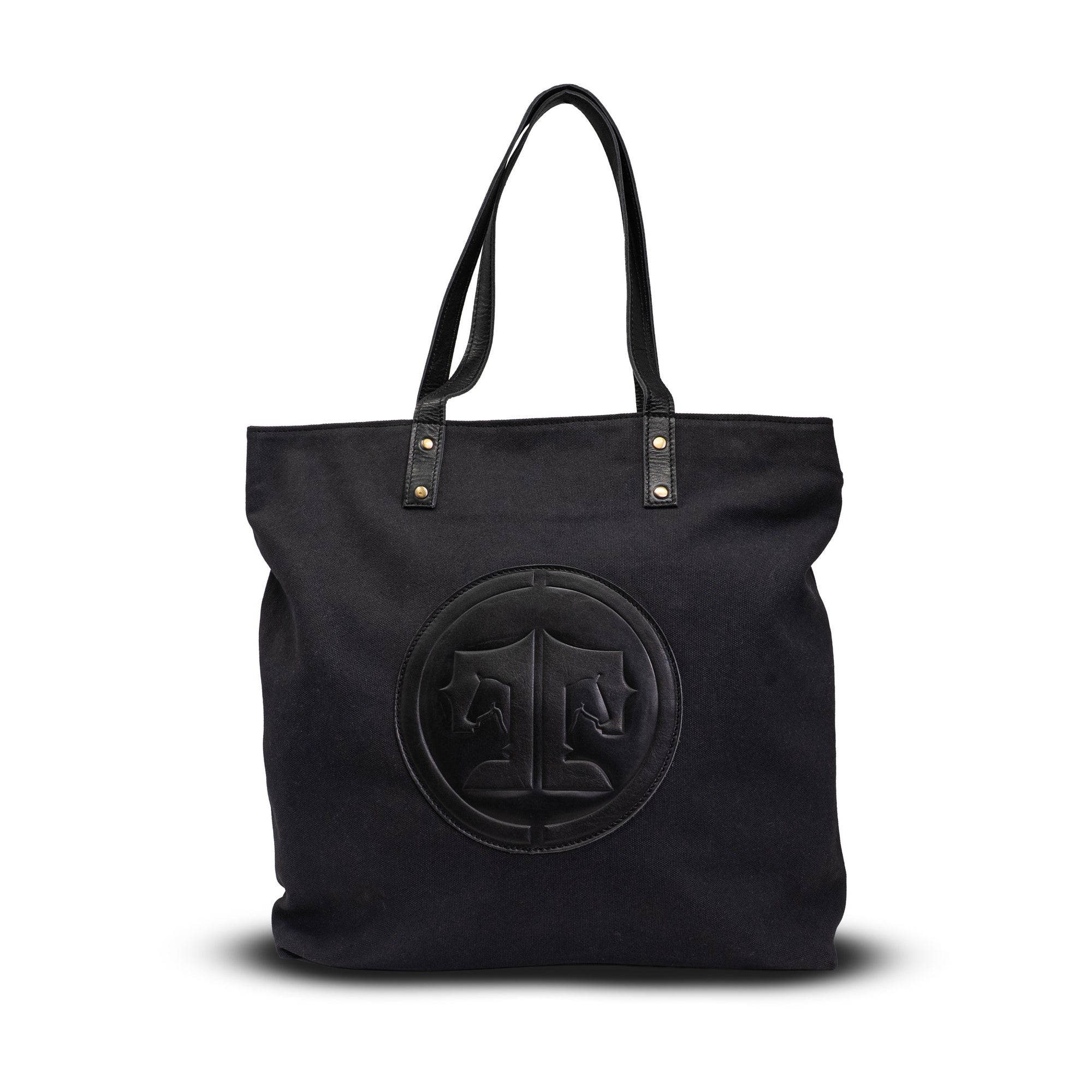 Black tote bag with a circular logo on a white background