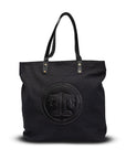 Black tote bag with a circular logo on a white background