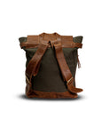 Green and brown roll-top backpack on a white background