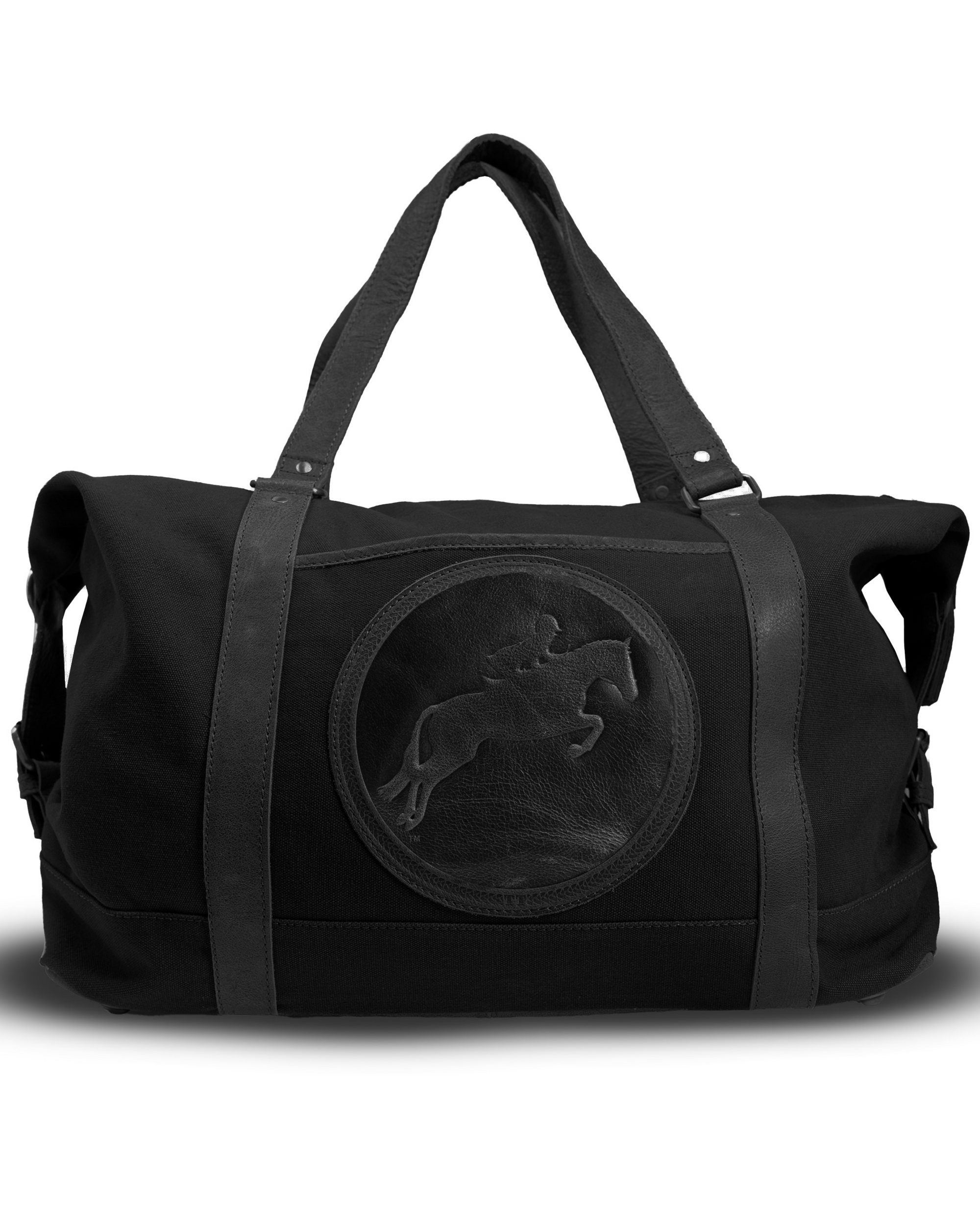 Black duffel bag with a logo on a white background