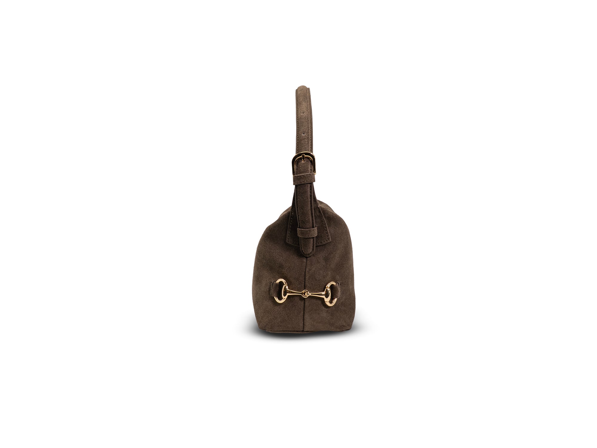 Brown handbag with gold buckle on a white background