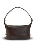 Brown leather handbag with gold accents on a white background