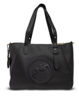 Black handbag with a logo on a white background