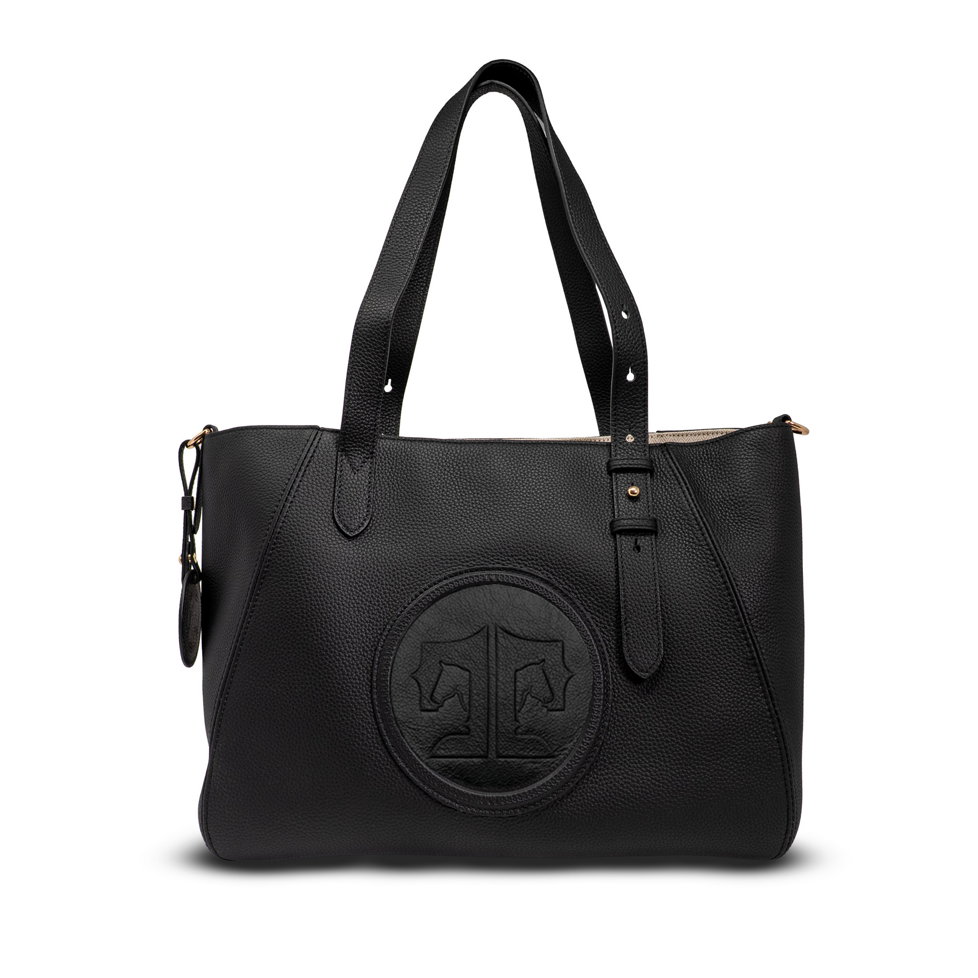 Black handbag with a logo on a white background