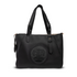 Black handbag with a logo on a white background