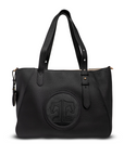 Black handbag with a logo on a white background