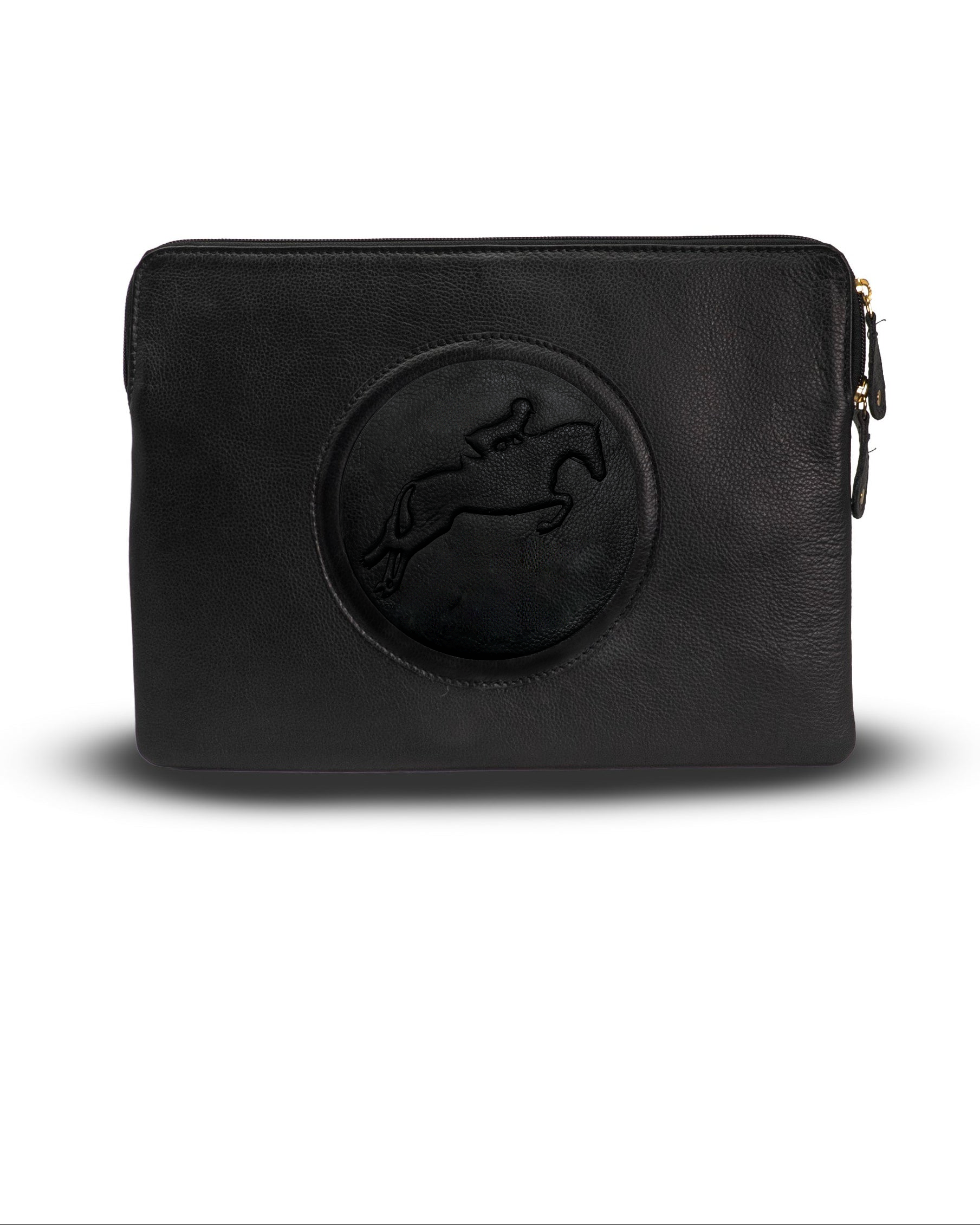 A black leather zippered pouch featuring a circular embossed logo of a leaping horse on the front, with a gold-tone zipper pull on the right side, set against a plain white background.