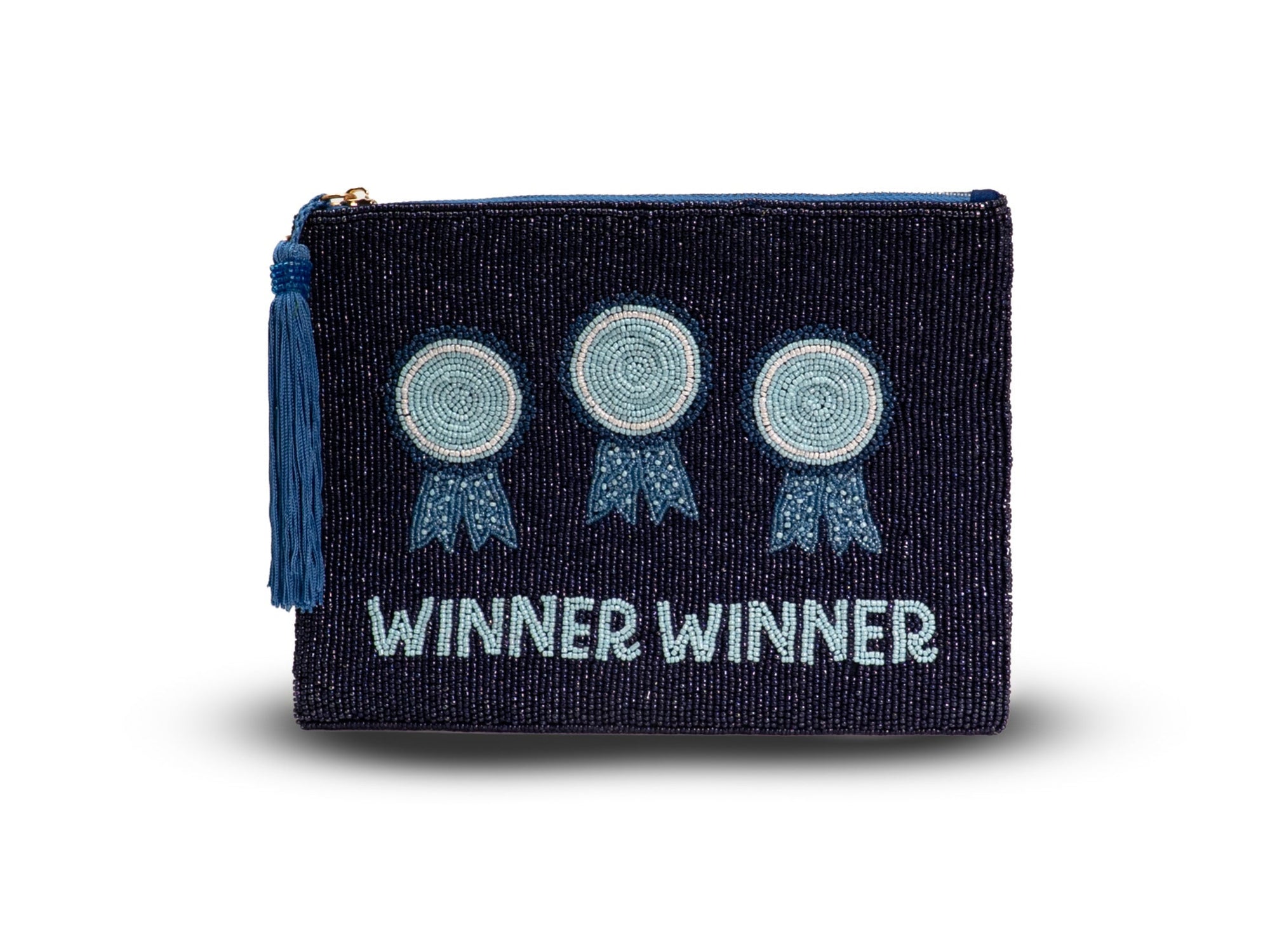 Small pouch with 'Winner Winner' text and three circular designs on a white background