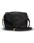Black handbag with a brand logo on a white background