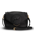 Black handbag with a brand logo on a white background