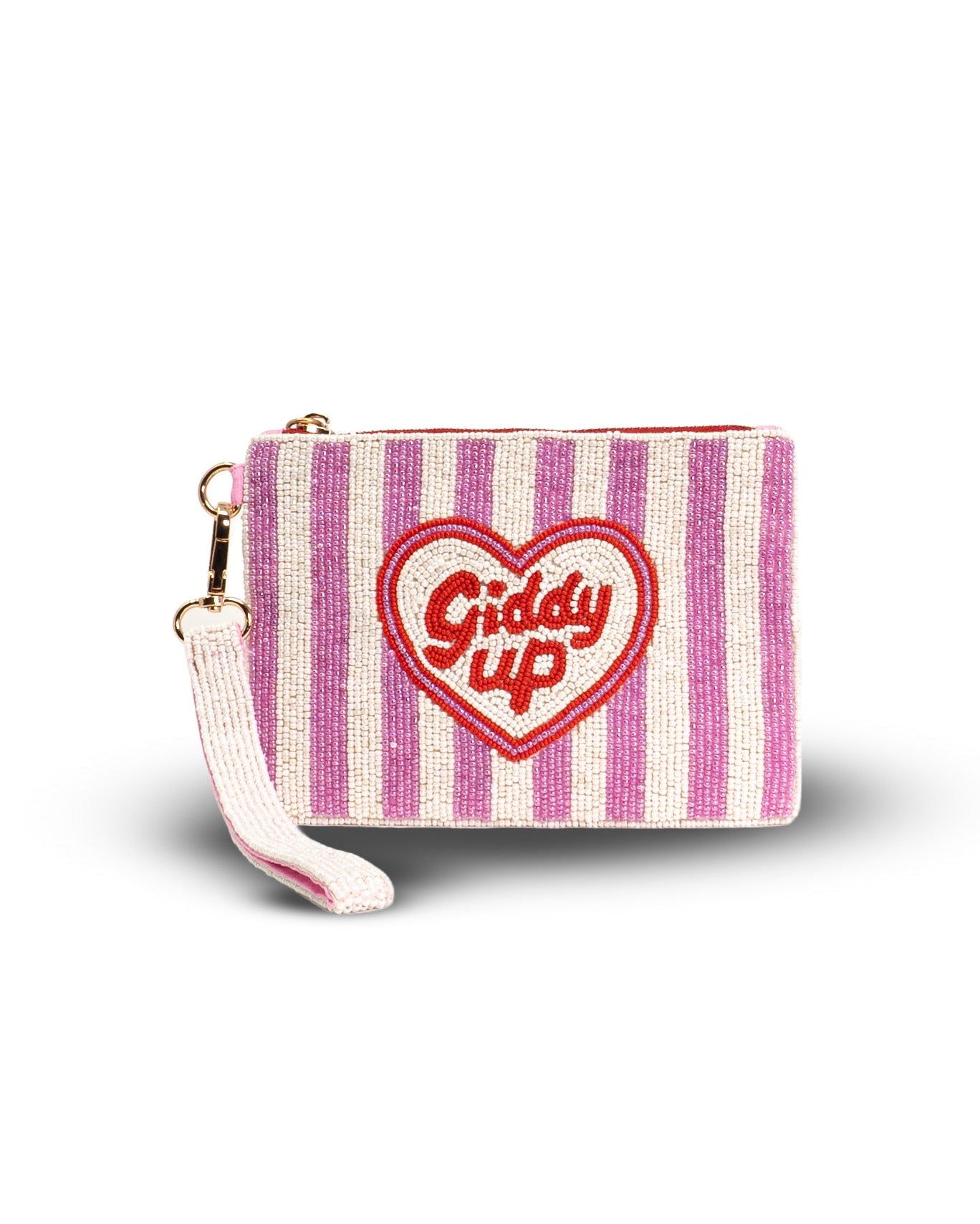 Small striped pouch with a heart design and text on a white background