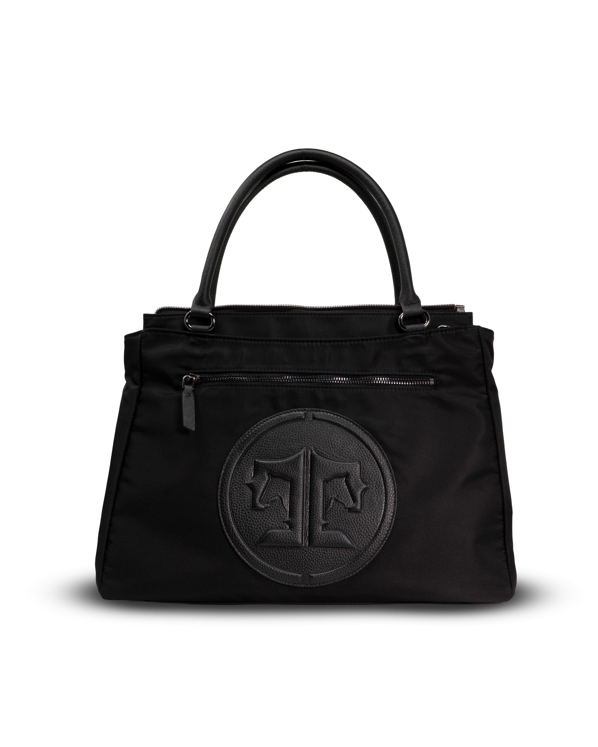 Black handbag with a circular logo on a white background