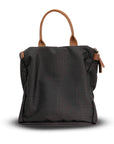 Black backpack with brown straps on a white background