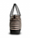 A striped tote bag with black leather-like handles and a black base, featuring alternating beige and black horizontal stripes on the body, shown against a plain white background.