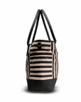 A striped tote bag with black leather-like handles and a black base, featuring alternating beige and black horizontal stripes on the body, shown against a plain white background.