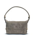 Gray handbag with gold accents on a white background
