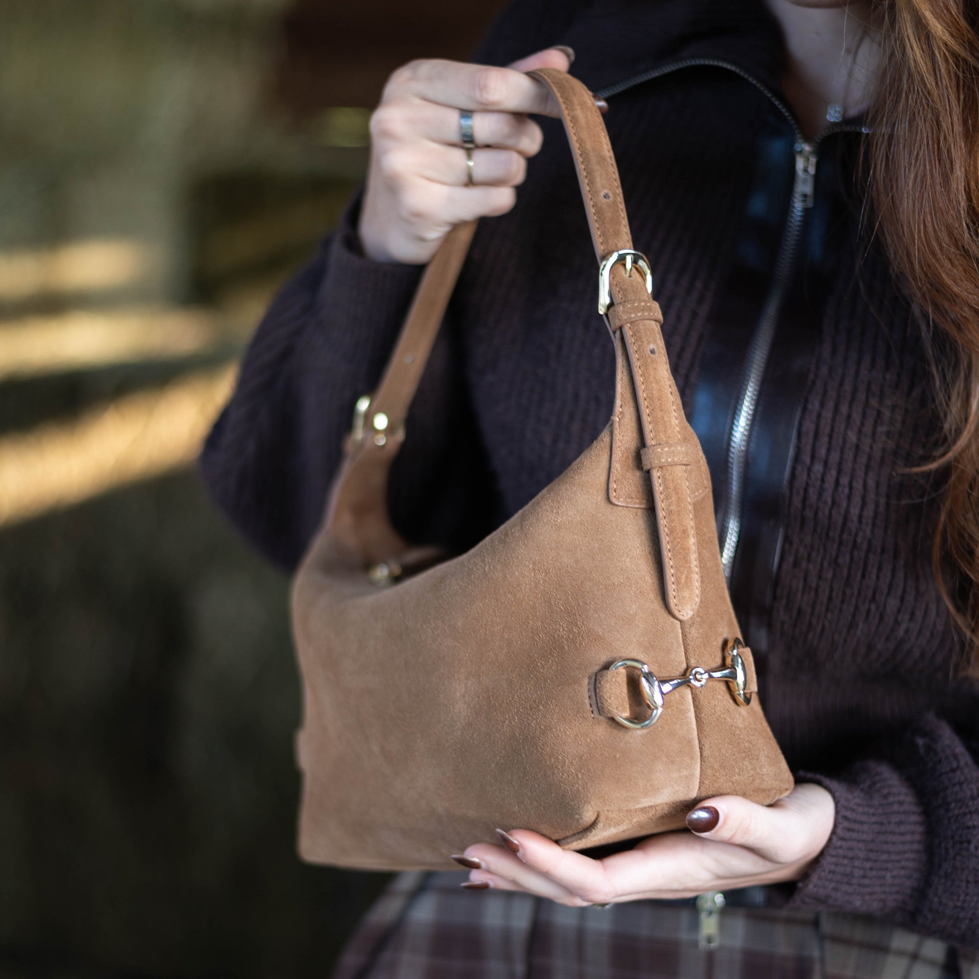 Tucker Tweed Equestrian Leather Handbags Bethany Bit Bag Suede- Limited Edition Milk Chocolate