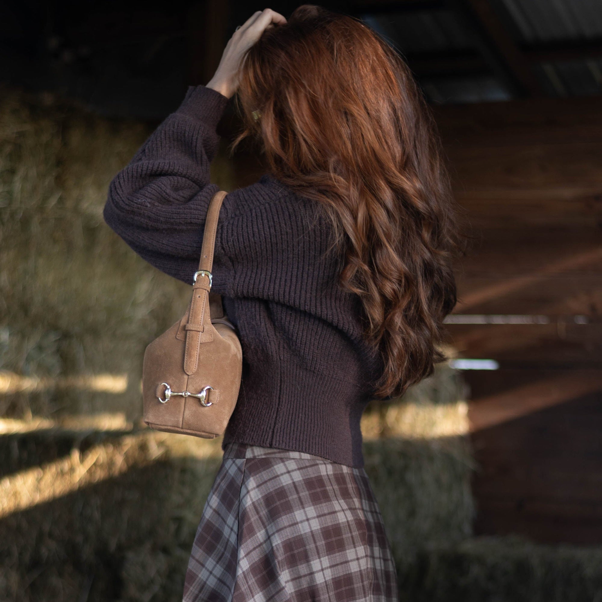 Tucker Tweed Equestrian Leather Handbags Bethany Bit Bag Suede- Limited Edition Milk Chocolate