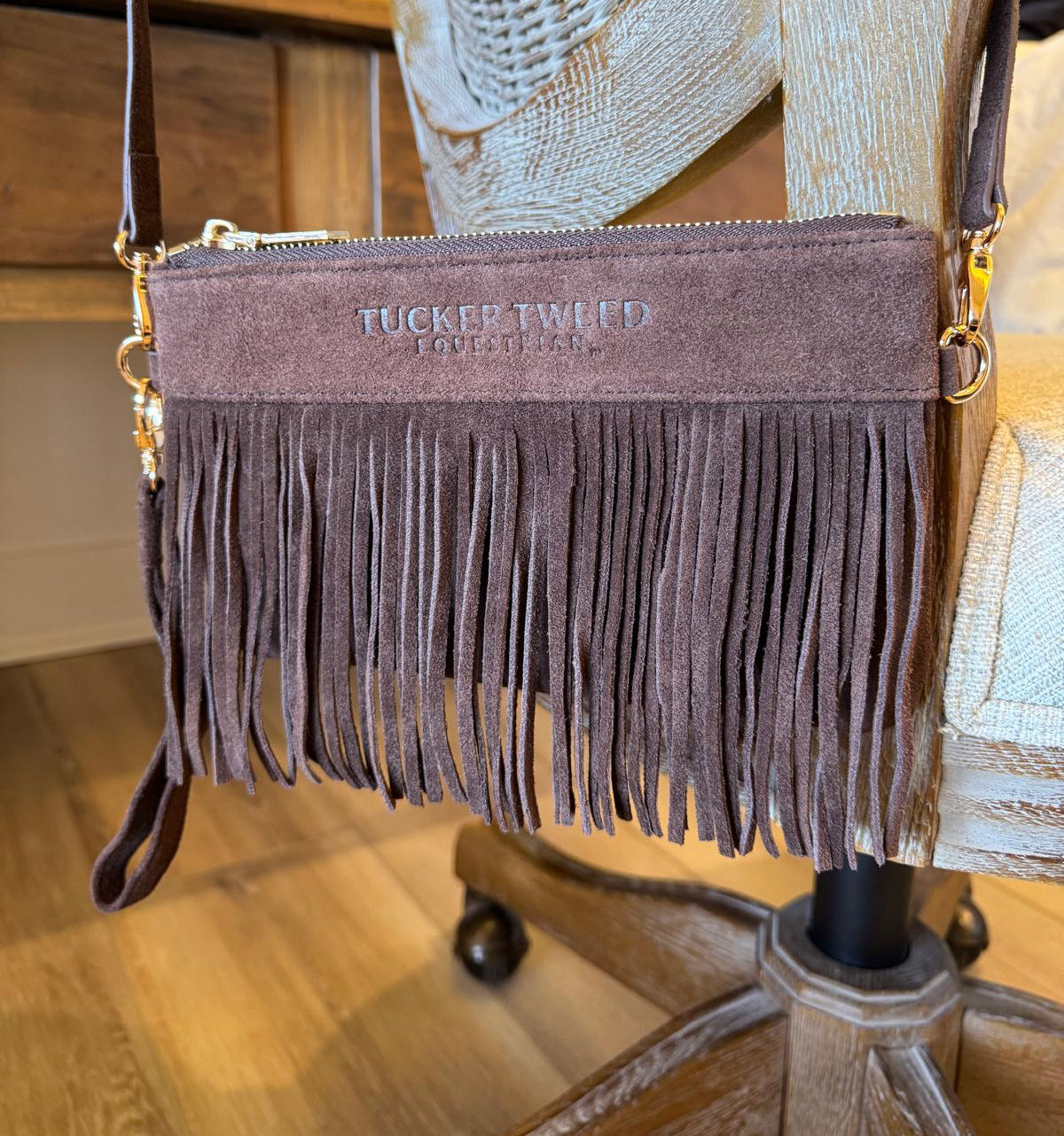 Tucker Tweed Equestrian Leather Handbags Wellington Wristlet Dark Chocolate Fringe LIMITED EDITION