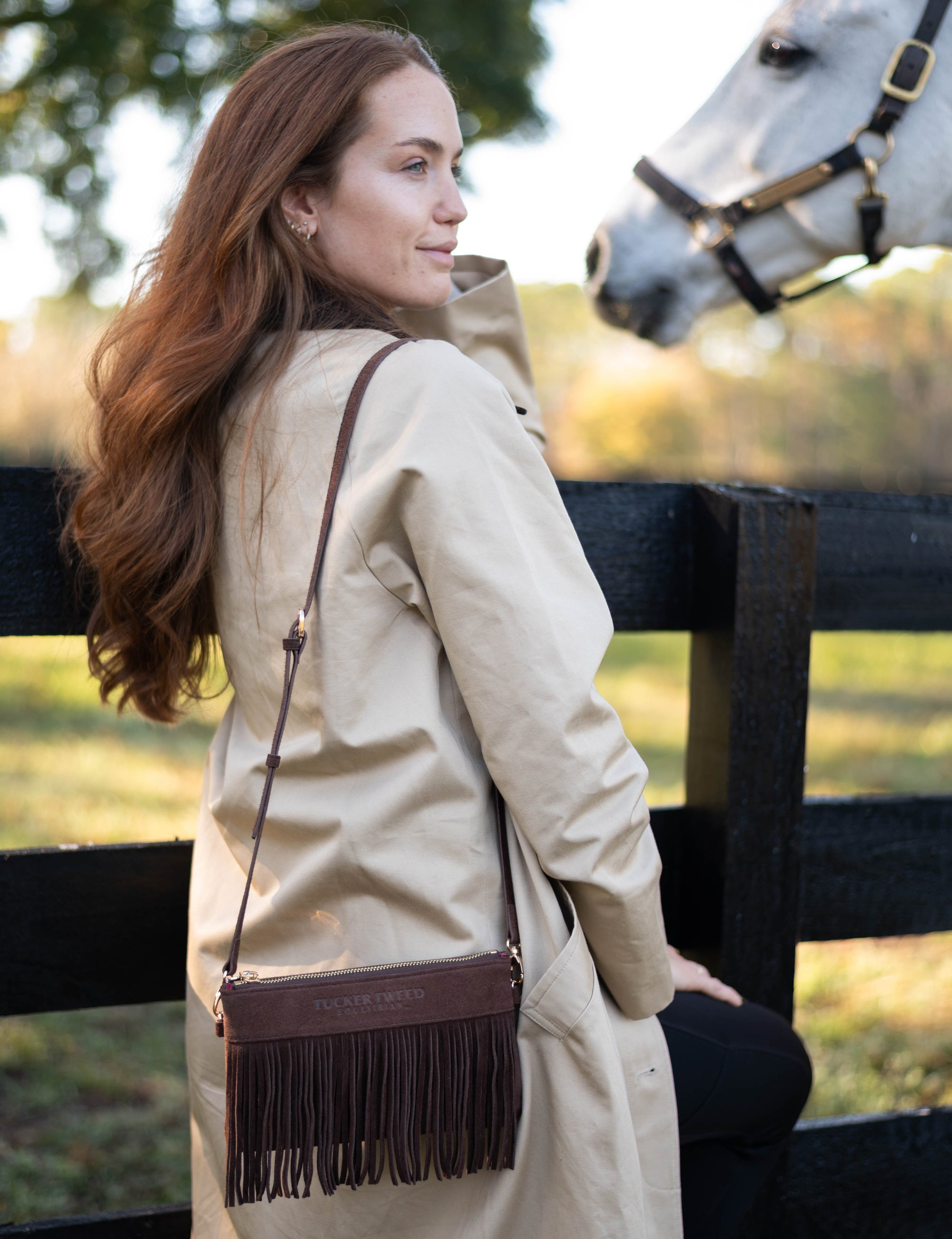 Tucker Tweed Equestrian Leather Handbags Wellington Wristlet Dark Chocolate Fringe LIMITED EDITION