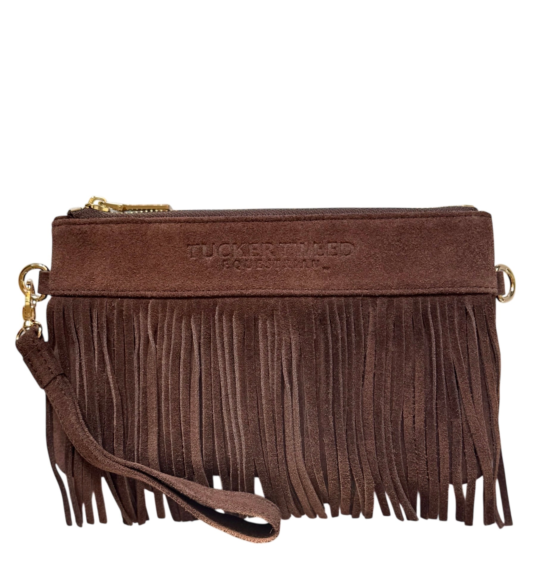 Tucker Tweed Equestrian Leather Handbags Wellington Wristlet Dark Chocolate Fringe LIMITED EDITION