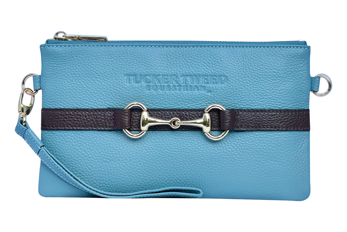 Tucker Tweed Leather Handbags Sky Blue/Dark Chocolate The Wellington Wristlet